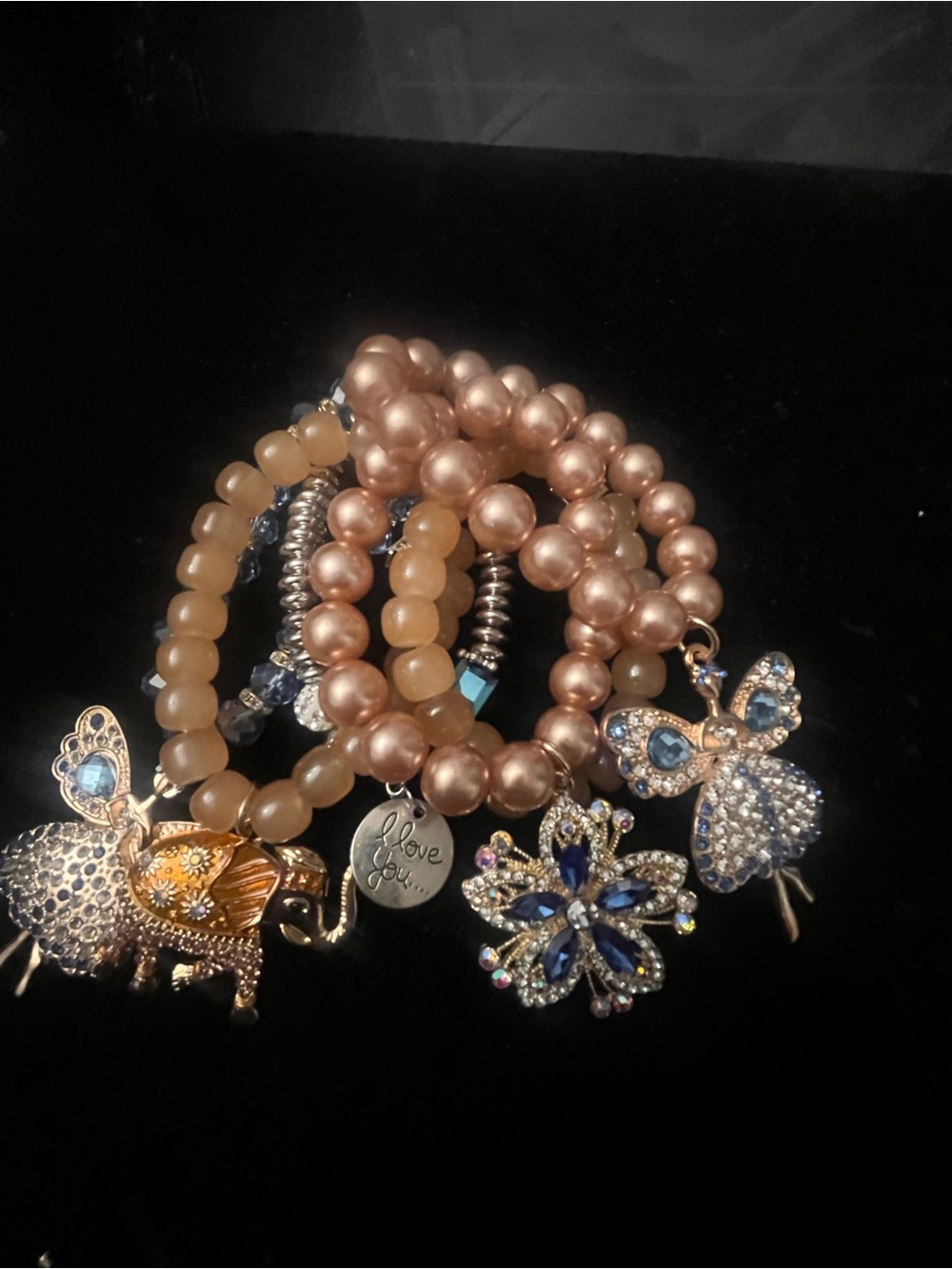 Gold-Peach Beaded Charm Bracelet Set with Blue Crystal Accents